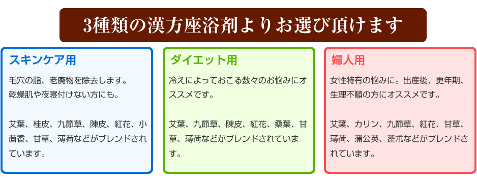 3種類の漢方座浴剤よりお選び頂けます